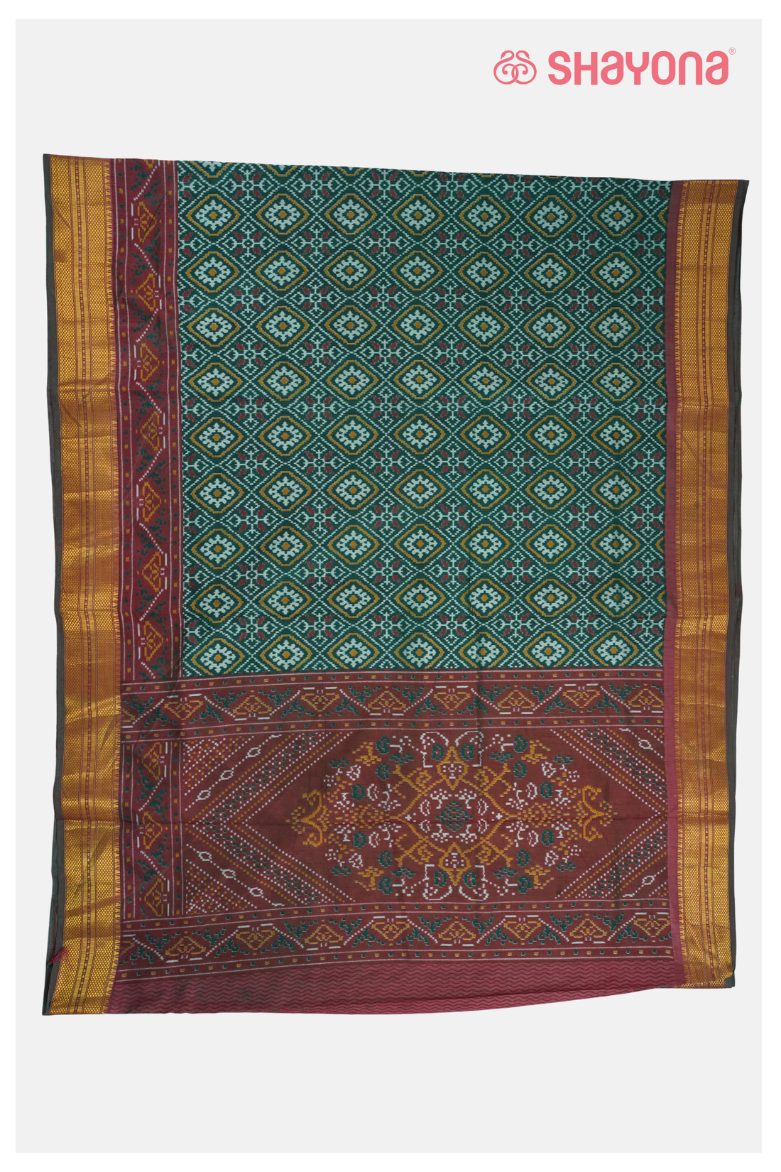 Glossy Bottle Green Printed Patola Cotton Saree