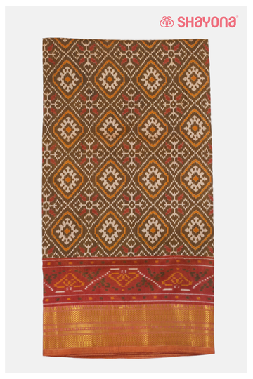 Royal Dark Olive Brown Printed Patola Cotton Saree