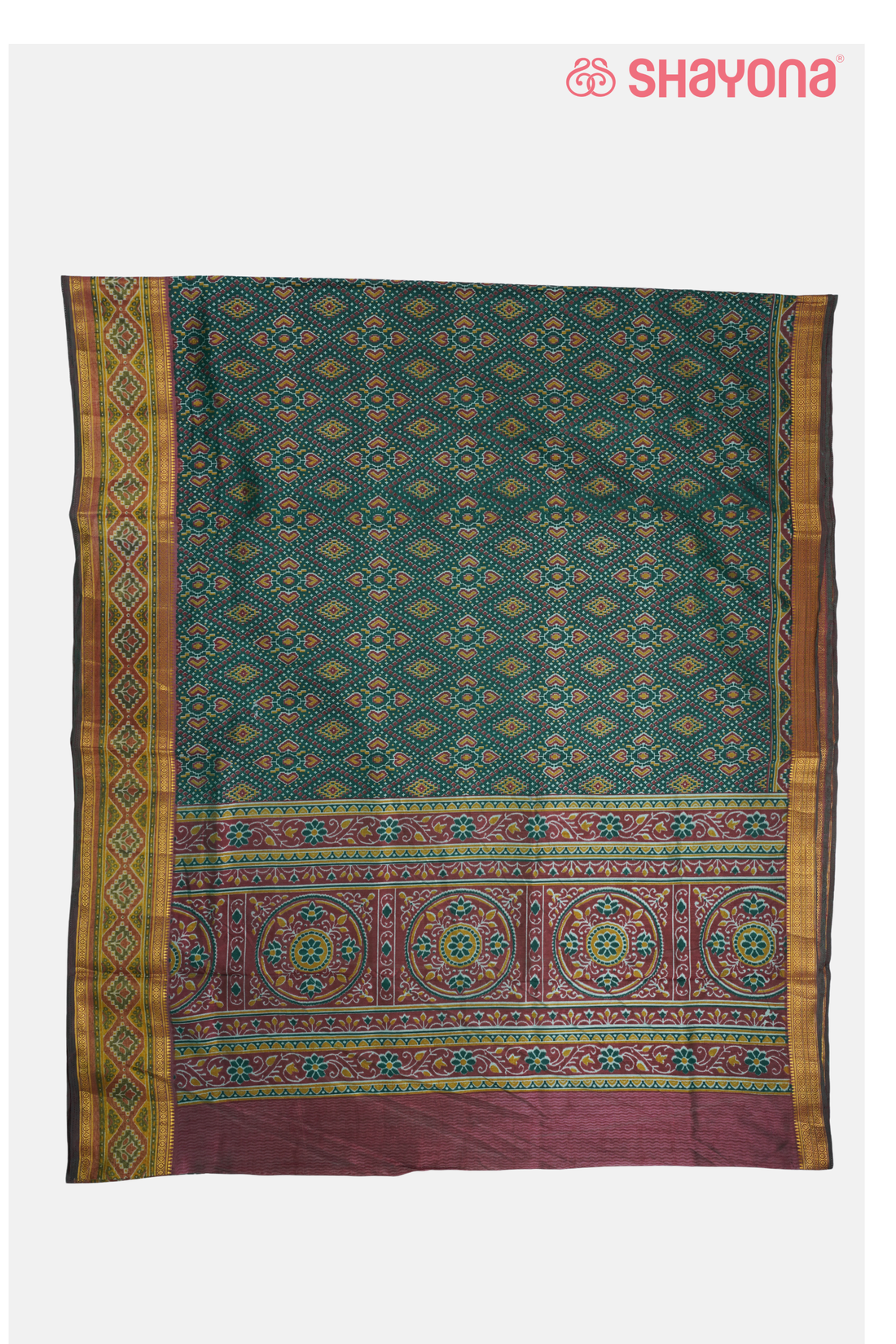 Glossy  Bottle Green Printed Patola Cotton Saree With