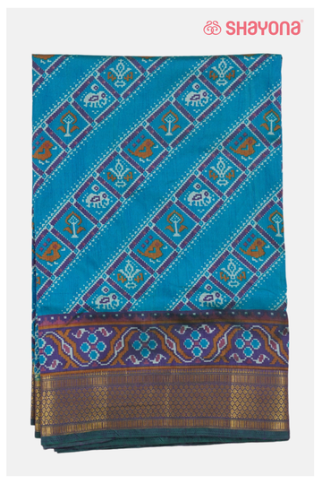 Peacock Blue  Printed Patola Cotton Saree