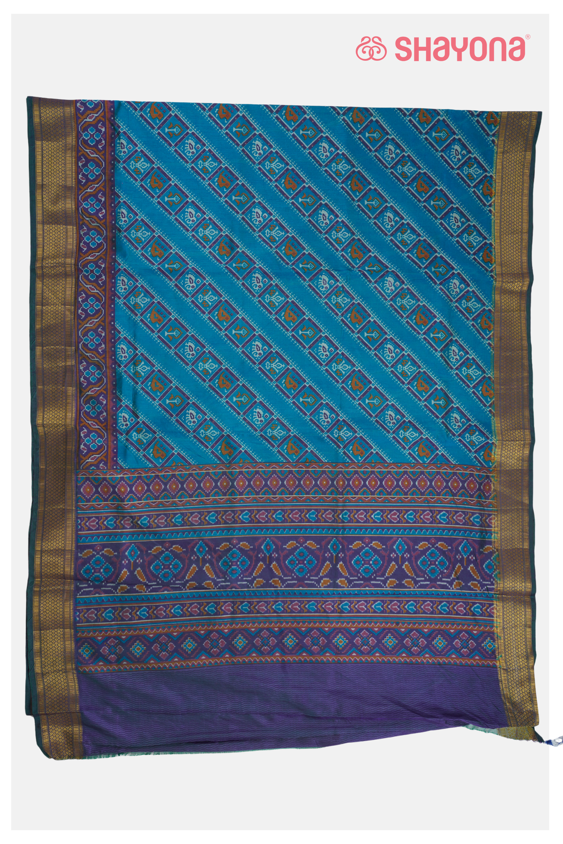 Peacock Blue  Printed Patola Cotton Saree