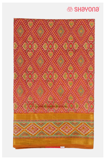 Glossy Rust Red Printed Patola Cotton Saree