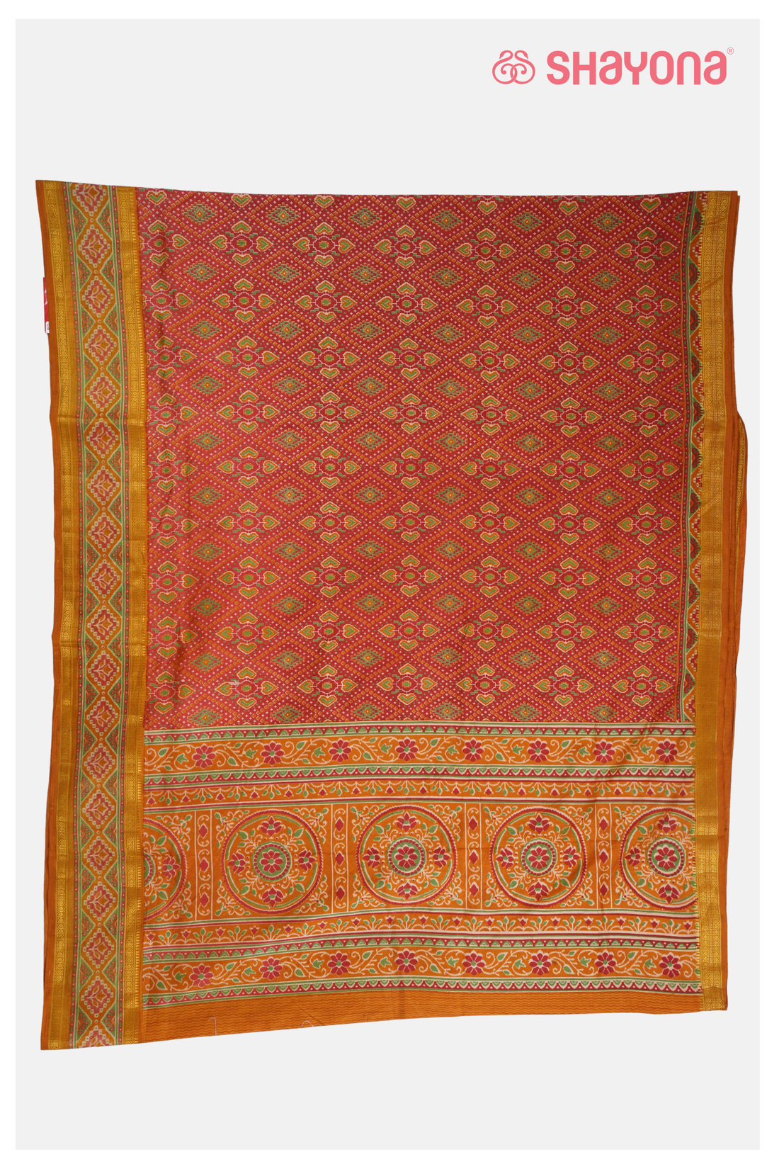 Glossy Rust Red Printed Patola Cotton Saree