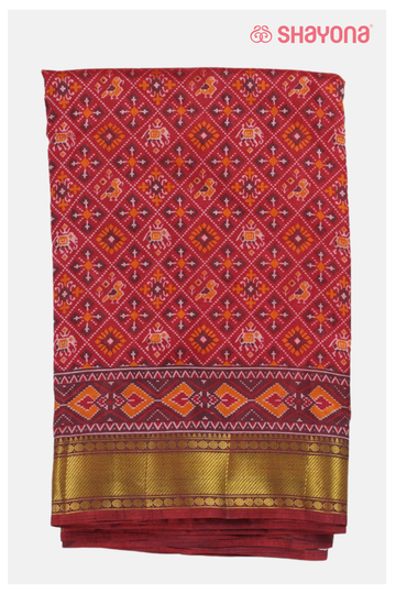 Glossy Crimson Red Printed Patola Cotton Saree