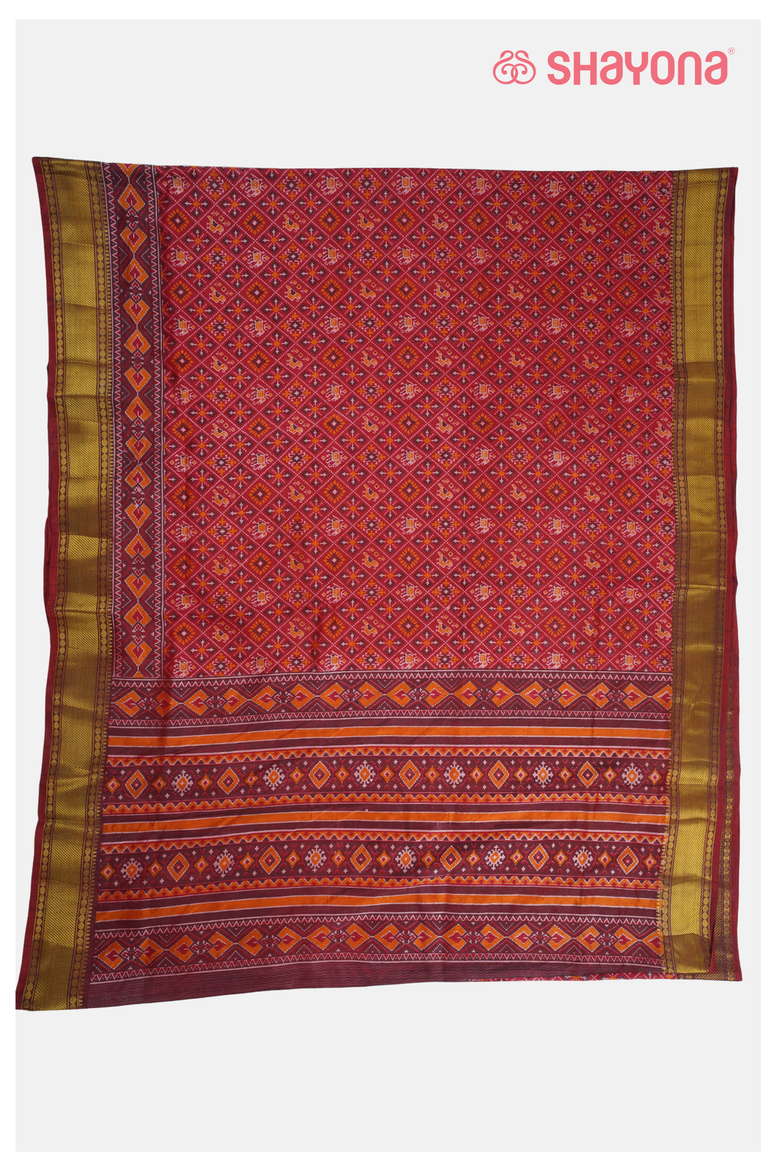 Glossy Crimson Red Printed Patola Cotton Saree