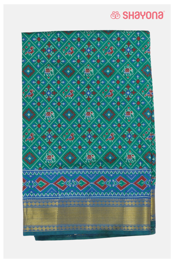 Glossy Teal Green Printed Patola Cotton Saree