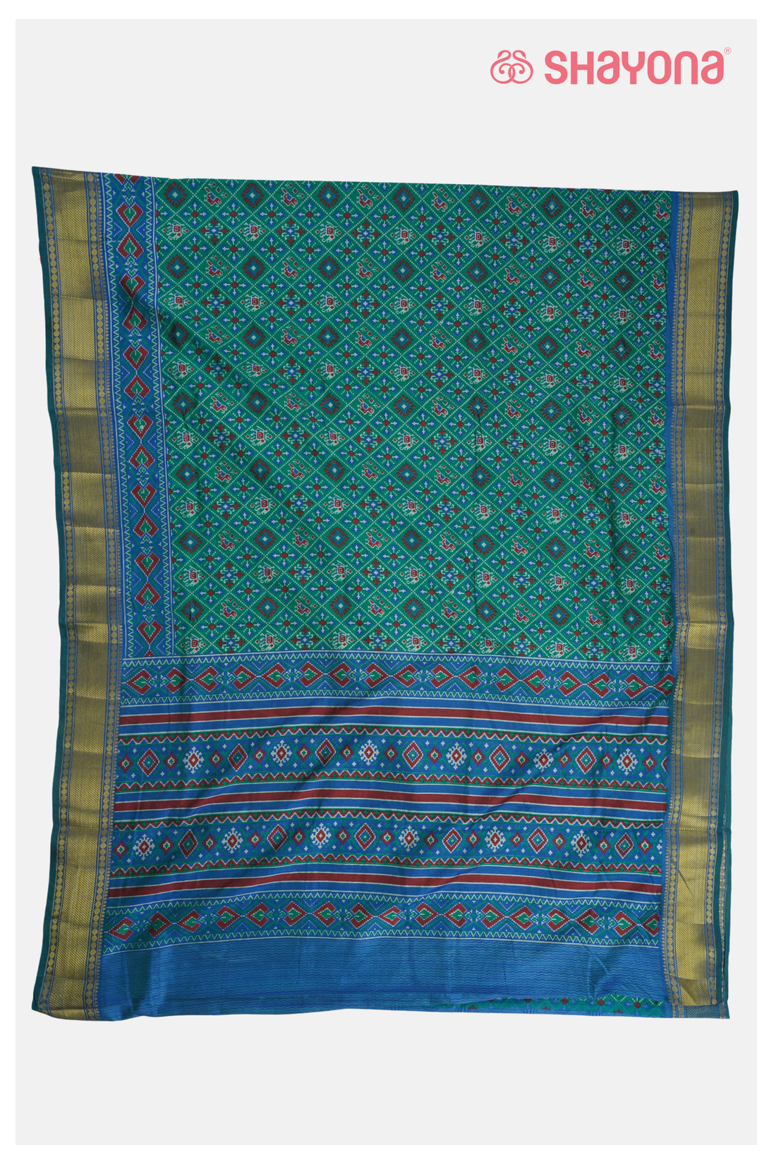Glossy Teal Green Printed Patola Cotton Saree