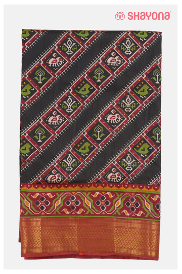 Glossy Grey Printed Patola Cotton Saree