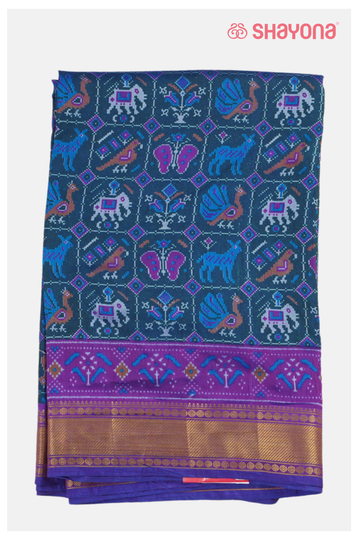 Royal Dark Teal Printed Patola Cotton Saree