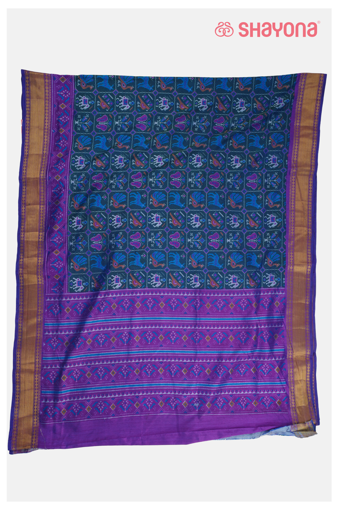 Royal Dark Teal Printed Patola Cotton Saree