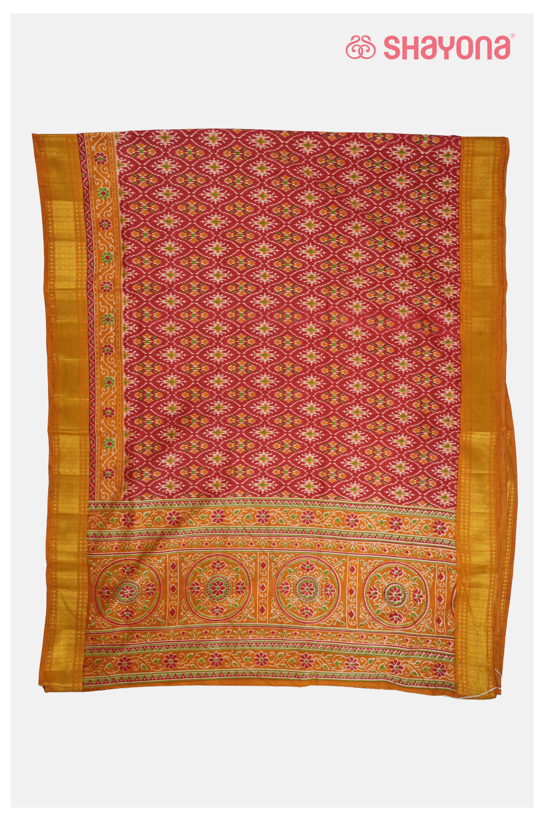 Glossy Crimson Red Printed Patola Cotton Saree