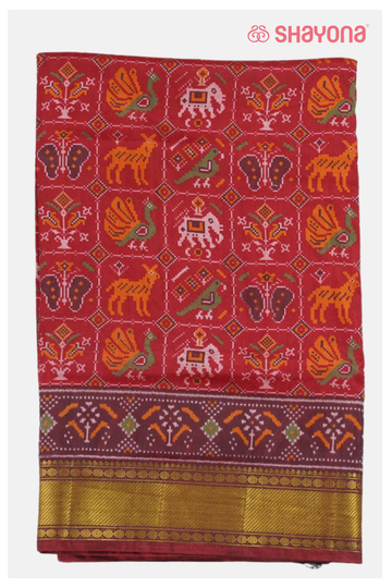 Crimson Red Printed Patola Cotton Saree