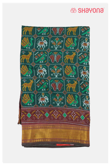 Glossy Bottle Green Printed Patola Cotton Saree