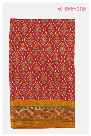 Glossy Crimson Red Printed Patola Cotton Saree
