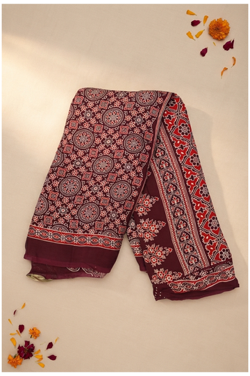 Maroon Ajrakh Art Silk Saree For Gift Purpose