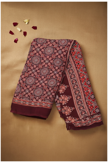 Wine Ajrakh Art Silk Saree, Gift Purpose