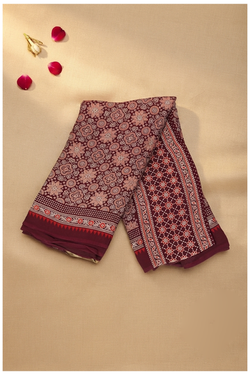 Maroon Ajrakh Art Silk Saree For Gift Purpose