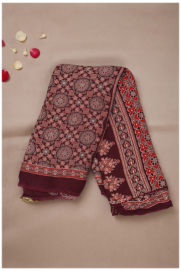 Maroon Ajrakh Art Silk Saree For Gifting