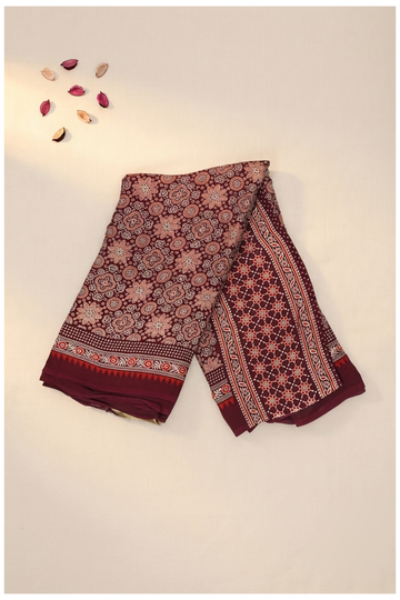 Maroon Ajrakh Art Silk Saree For Gift Purpose
