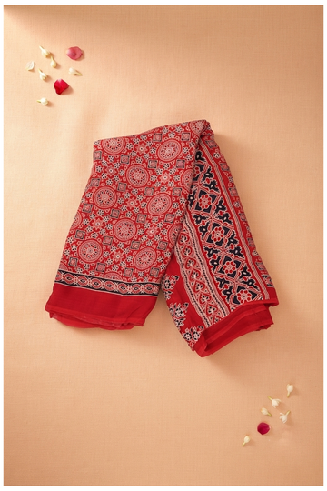 Crimson Red Ajrakh Art Silk Saree For Gift Purpose