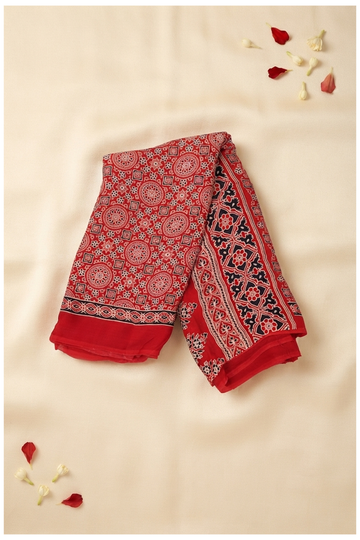 Red Ajrakh Art Silk Saree For Gift Purpose
