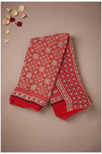 Crimson Red Ajrakh Art Silk Gift Purpose Saree