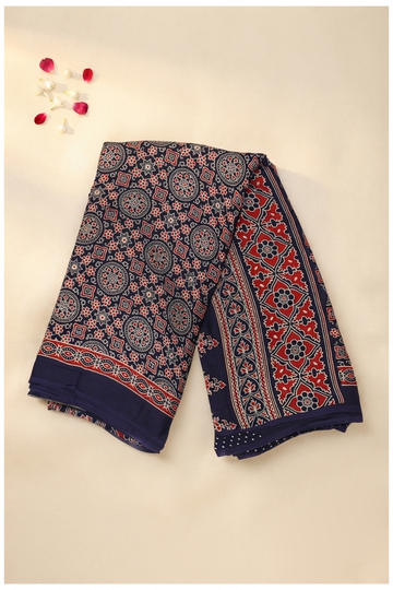Navy Blue Ajrakh Art Silk Printed Saree For Gifting