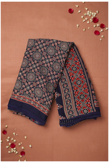 Navy Blue Ajrakh Art Silk Gift Purpose Saree