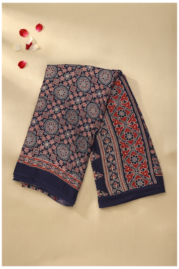 Midnight Blue Ajrakh Art Silk Saree For Gift Purpose