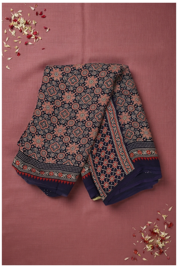 Navy Blue Ajrakh Art Silk Saree, Perfect For Gifting