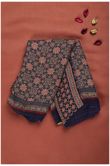 Navy Blue Ajrakh Art Silk Saree For Gift Purpose