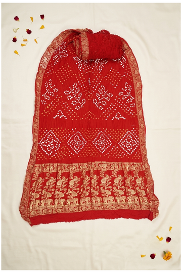 Crimson Red Bandhni Art Gajji Silk Wedding Saree