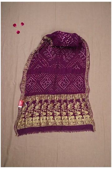 Wine Bandhni Art Gajji Silk Wedding Saree