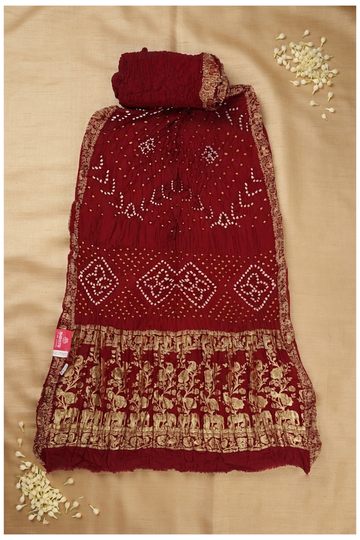 Maroon Bandhni Gajji Silk Wedding & Party Wear Saree
