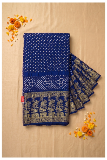 Midnight Blue Bandhni Art Silk Gajji Silk Wedding Saree