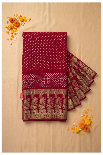 Crimson Red Bandhni Art Silk Gajji Wedding Saree