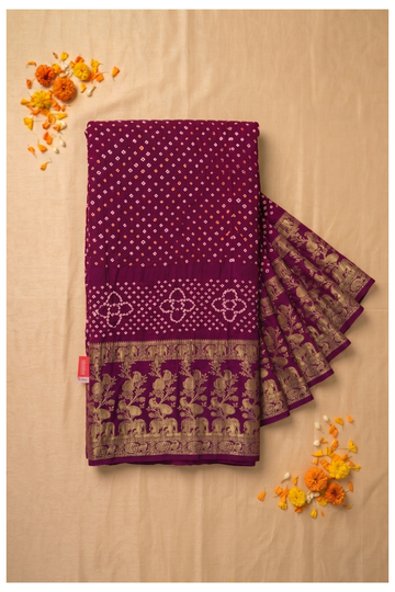 Wine Bandhni Art Gajji Silk Wedding & Gift Saree