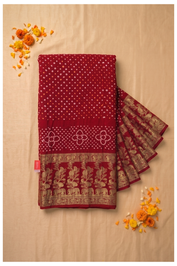 Maroon Bandhni Gajji Silk Wedding Saree