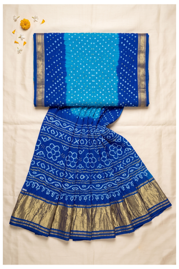 Royal Blue Bandhni Art Silk Gajji Silk Wedding Saree