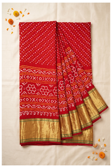 Crimson Red Bandhni Art Silk Gajji Wedding Saree