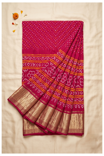 Rani Pink Bandhni Art Silk Gajji Wedding Saree