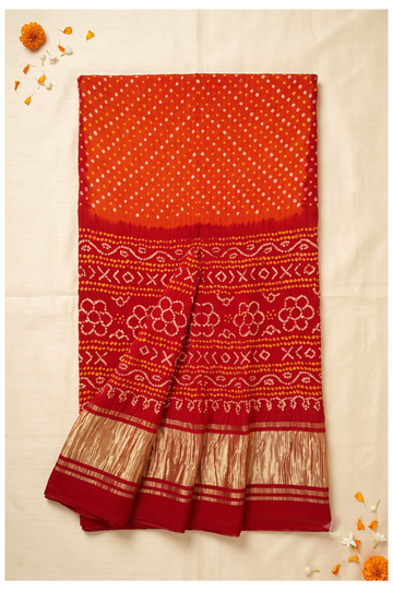 Orange-Red Bandhni Art Silk Wedding Saree