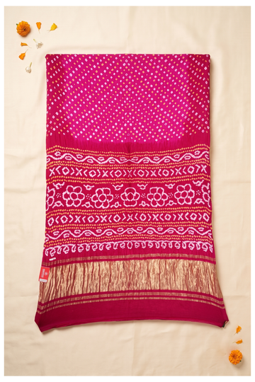 Magenta Bandhni Art Silk Gajji Wedding Saree