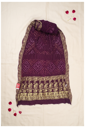 Wine Bandhni Gajji Silk Wedding Saree