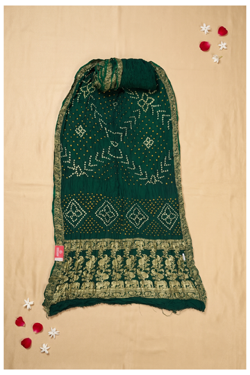 Bottle Green Bandhni Gajji Silk Mehendi Wedding Wear
