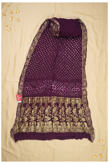 Wine Bandhni Gajji Silk Wedding Saree