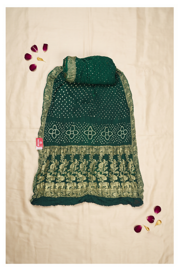 Bottle Green Bandhni Gajji Silk Mehendi Wear Saree