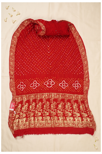 Red Bandhni Gajji Silk Mehendi Saree