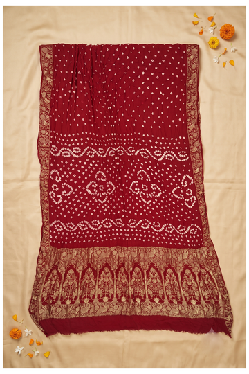 Crimson Red Bandhni Gajji Silk Mehendi Saree