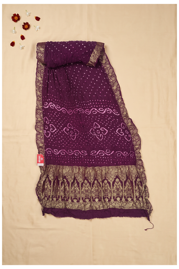 Wine Bandhni Gajji Silk Mehendi Saree